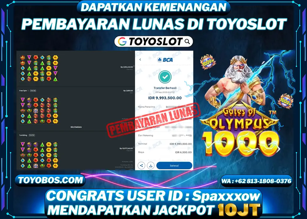 TOYOSLOT - BUKTI KEMENANGAN Gates Of Olympus 1000x Rp10,000,000,- LUNAS